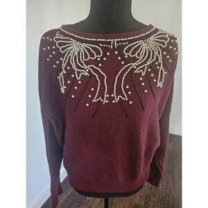 Anthropologie Field & Flower Pearl Beaded Bow Sweater Size XL